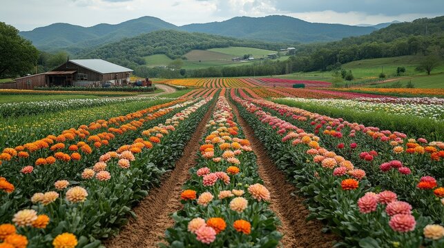 Vibrant Colorful Ranunculus Flower Rows Leading To Rustic Farmhouse Against Green Rolling Hills