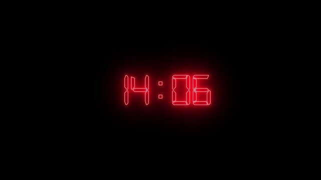 neon Digital clock timer counting up from 09:01 to 10:00 on black background