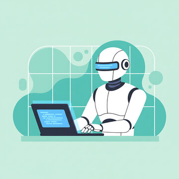 Coding Futuristic Humanoid Robot Sitting at a Desk and Typing on a Laptop with Lines of Code on the Screen Representing Artificial Intelligence