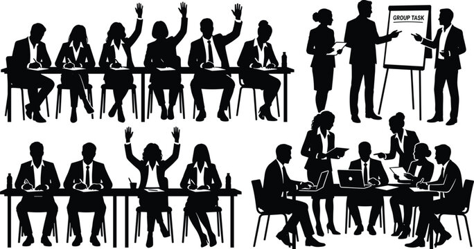 Black silhouette vector set of business people attending corporate workshops, training sessions, and group task presentations