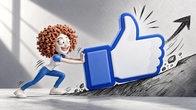 Social Media Growth Push: A determined cartoon character pushes a giant blue thumbs-up symbol uphill, representing the effort and momentum needed for social media success and online engagement growth.