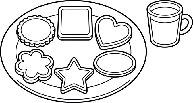 A simple black and white line drawing of a plate with assorted cookies and a glass of milk