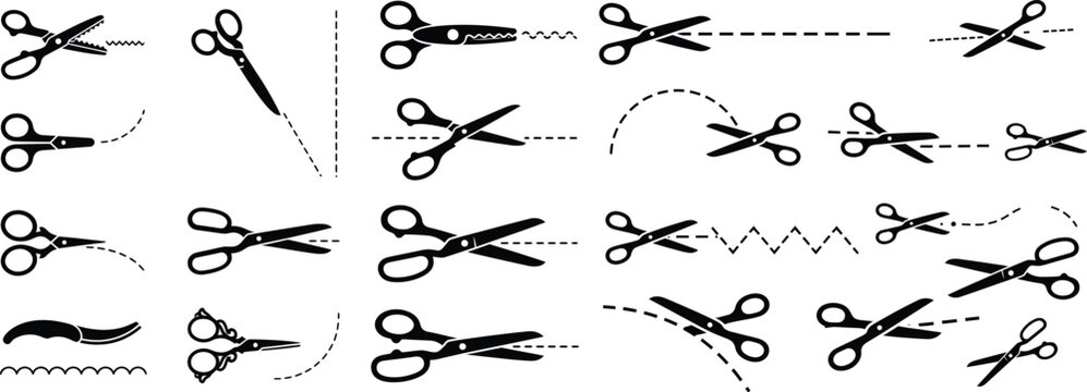 Black scissor cut line dash paper stationery tool icon design set