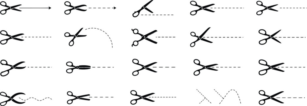 Black scissor cut line dash paper stationery tool icon design set