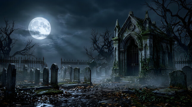 Halloween spooky cemetery at night with a full moon and gothic crypt in a misty, dark forest background.