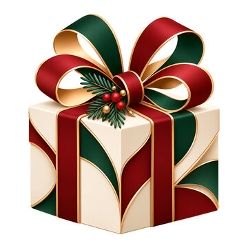 Beautiful christmas gift box decorated with red and green ribbons isolated on transparent background