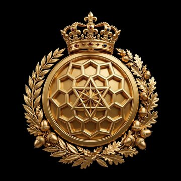 Luxury golden royal badge with jeweled crown, ornate star center, honeycomb pattern and oak acorn wreath on black background