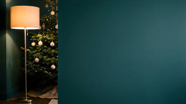 Festive christmas tree illuminated by warm floor lamp light