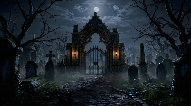 Halloween creepy gothic cemetery gate at night under full moon with dark foggy tombstones for background.