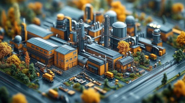 Isometric Industrial Complex With Yellow Factory Buildings And Lush Greenery In A Tilt Shift View