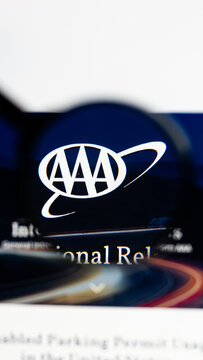 Milan, Italy 2026, 15 AGO Closeup of aaa com website page on a laptop screen. Focus on aaa com logo under a magnifying glass.