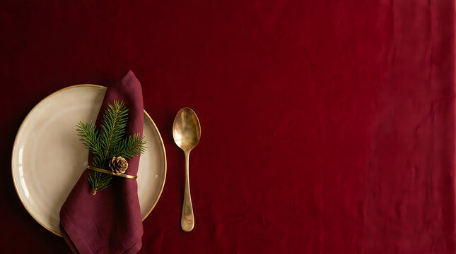 Elegant table setting with empty plate and golden spoon
