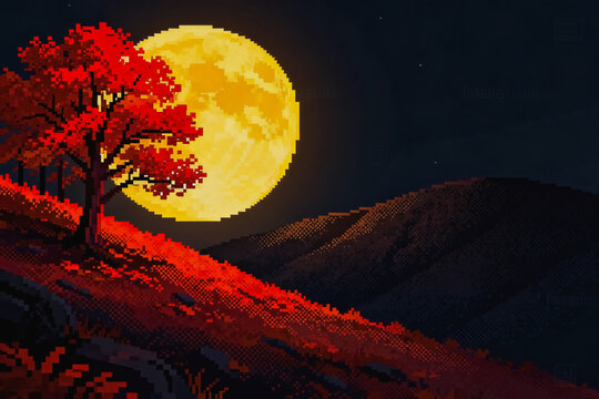 A pixel art illustration depicts a night landscape with a bright full moon, a red autumn tree on a sloped hill, and distant mountains under a starry dark sky.