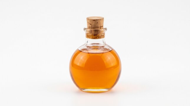 Small round glass bottle filled with amber liquid and wooden cork stopper