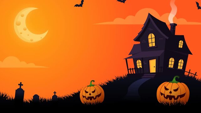 Spooky Halloween Haunted House Animation Background with Glowing Pumpkins, Bats, and Crescent Moon. Perfect motion graphics asset for Halloween party invitations or greetings, streaming overlays