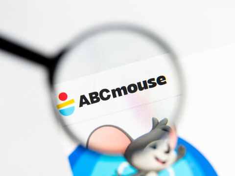 Milan, Italy 2026, 15 AGO Closeup of abcmouse com website page on a laptop screen. Focus on abcmouse com logo under a magnifying glass.