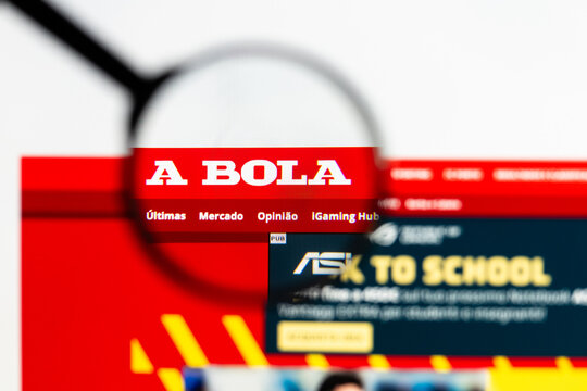 Milan, Italy 2026, 15 AGO Closeup of abola pt website page on a laptop screen. Focus on abola pt logo under a magnifying glass.