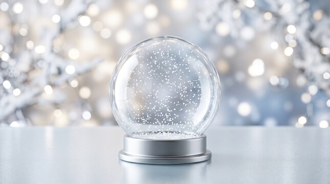 Completely Empty Glass Snow Globe with Falling Snow on Frosted Surface