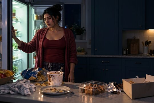 Woman pausing by open refrigerator at night with food on counter. Emotional eating, binge eating disorder, and mental health concept