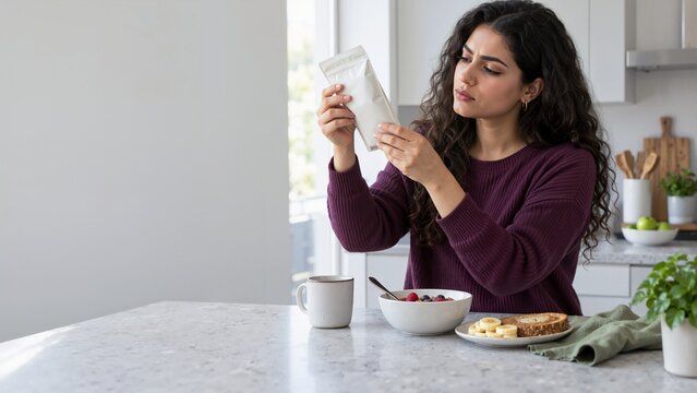 Woman closely inspecting nutrition facts on food package at breakfast. Orthorexia, calorie counting, and eating disorder concept