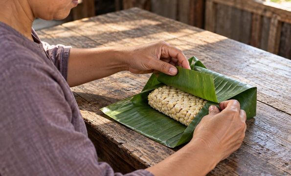 Wrapping Soybeans in Banana Leaf for Tempeh Fermentation