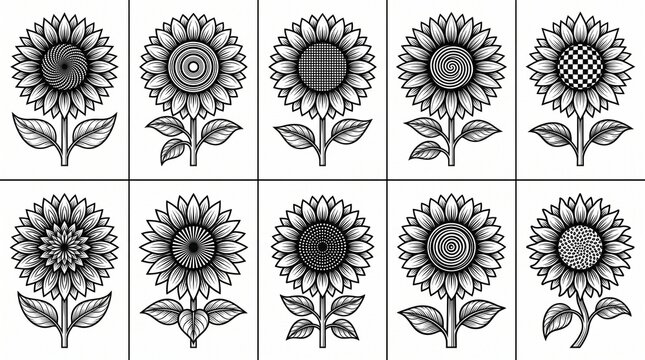 Detailed black-and-white sunflower illustration collection featuring ten unique sunflower designs with intricate petals, textured centers, stems, and leaves, arranged in two organized rows, vintage bo