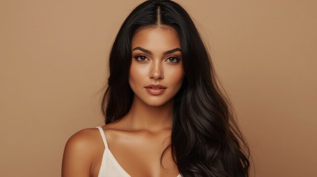 Mujer joven y hermosa de largo cabello negro azabache, piel bronceada, ojos marrones y maquillaje de acabado fresco y luminoso
