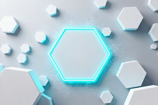 3D rendered abstract geometric composition featuring glowing hexagonal neon frames and floating 3D hexagonal shapes in a minimalist digital style.