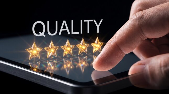 Finger touching smartphone screen to select five star quality rating with service five glowing close human finger rate service satisfaction