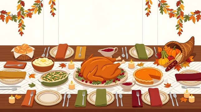 Traditional Thanksgiving dinner feast illustration with roasted turkey, pumpkin pie, mashed potatoes, and autumn decorations on a festive table setting for holiday celebration concept.