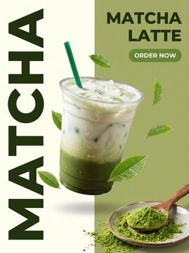 Matcha Latte Advertising Poster Template with Floating Green Tea Leaves and Powder