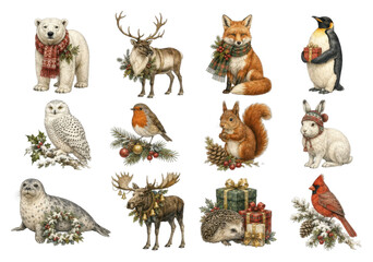 Fototapeta premium Winter wildlife illustrations: bear, deer, fox, penguin and more, PNG, transparent background.