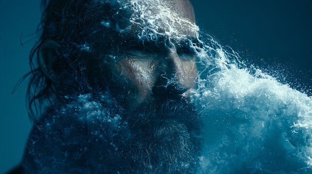 Double exposure portrait of a bearded man's face merged with a crashing ocean wave, wet skin