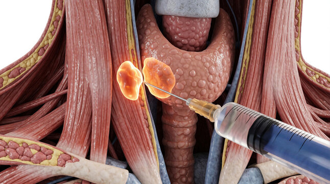 Medical illustration shows needle injecting medicine into tumor in neck. Syringe delivers drug to cancer cell in thyroid gland lymph node. Doctor performs biopsy oncology treatment on neck anatomy to