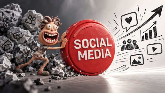 Social Media Momentum: A determined character pushes a giant Social Media button uphill, breaking through a barrier of digital icons.