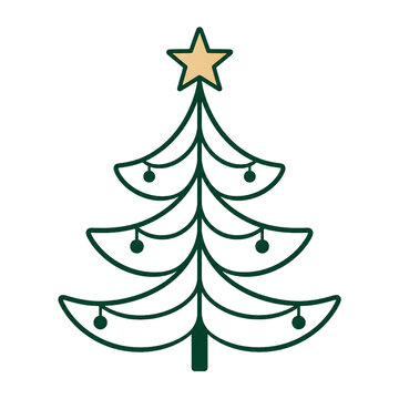 Minimalist hand drawn christmas tree illustration with a star isolated on transparent background