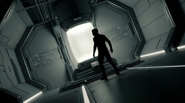 Silhouette of a Person Standing in Futuristic Corridor.