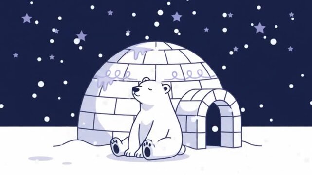 Cute polar bear sitting relaxing in the snow outside an igloo under a starry night sky during winter season