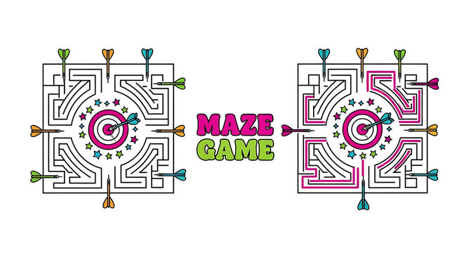 Dart Educational Maze Game Puzzle for Kids Featuring Colorful Darts and a Center Target with an Included Solution Path