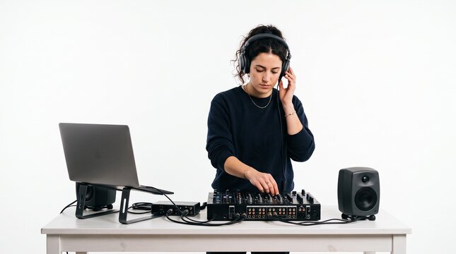 Young woman DJ wearing headphones mixing music on a professional DJ controller with laptop and speaker