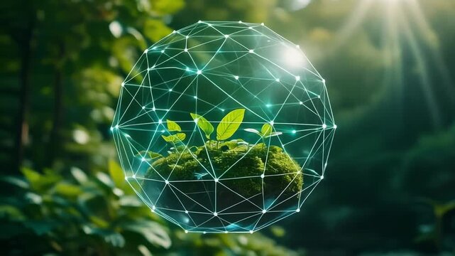A luminous geometric network sphere encapsulates vibrant green saplings growing from rich moss, symbolizing the interconnectedness of nature and innovative digital solutions for sustainable