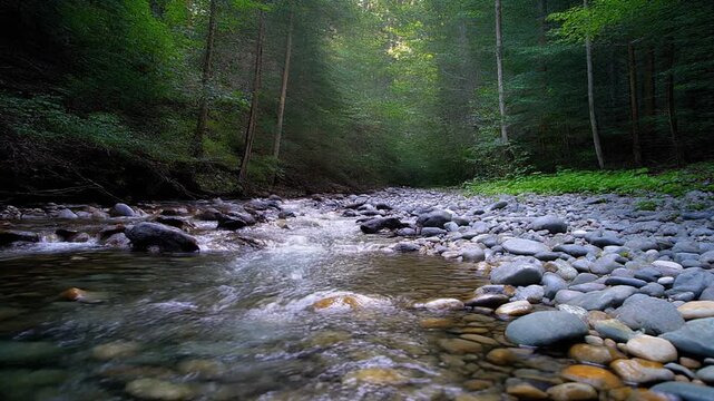 A serene, verdant forest landscape unfolds with a clear, babbling stream meandering through a bed of smooth, weathered stones under dappled sunlight illuminating the lush green foliage