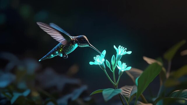 An iridescent hummingbird hovers in twilight's embrace, its tiny form illuminated by the bioluminescent glow of a cluster of delicate, otherworldly blossoms