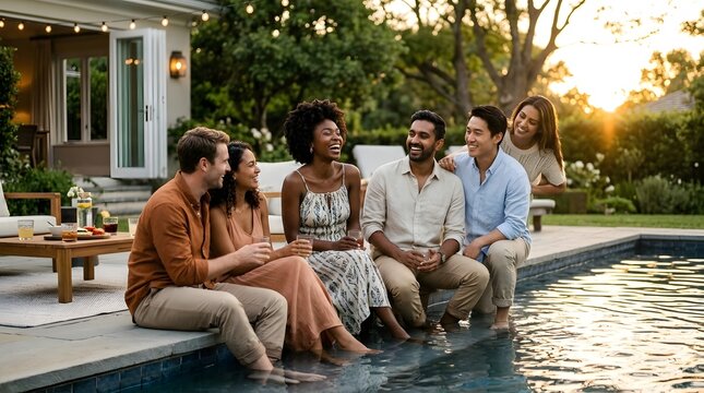 Friends enjoying a warm evening outdoors  sitting at the edge of a pool  sharing drinks and laughter under soft ambient lighting as the sun sets behind trees