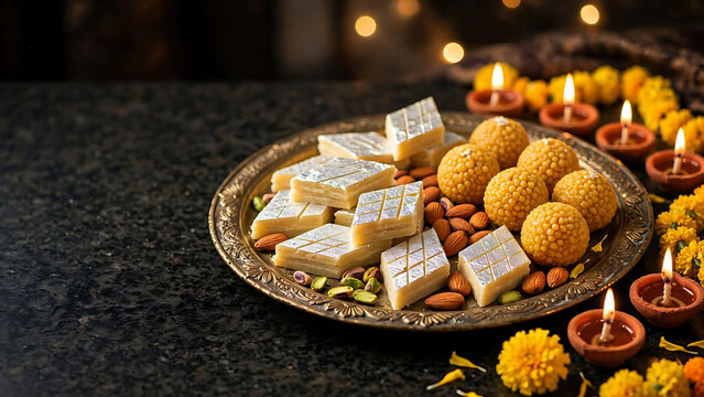 Festive Indian sweets platter with diamond kaju katli besan laddoo and glowing diyas on dark marble with copy space for Diwali
