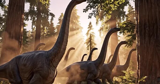 Herd of Giant Long Neck Dinosaurs Grazing in a Sunlit Ancient Forest