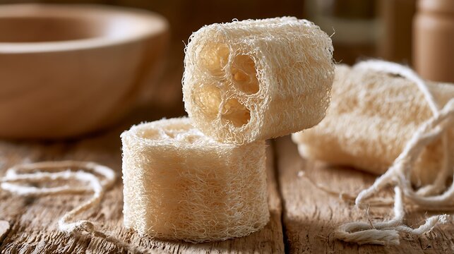 Natural loofah sponges on a rustic wooden table.