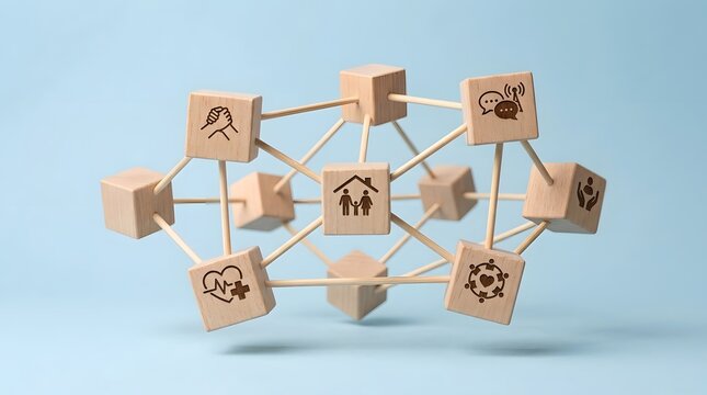 Wooden cubes with engraved icons like family  heart  speech bubbles  and hands are linked together in a geometric structure against a light blue background