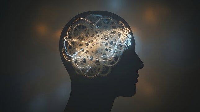 Silhouette of a person s head showing intricate internal mechanisms like interconnected gears and luminous pathways representing mental activity or intelligence concepts