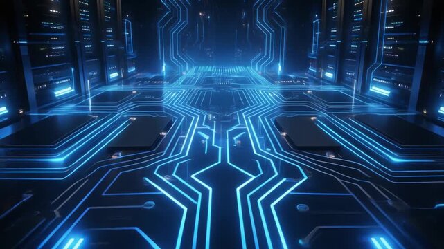 Illuminated digital pathways within a vast technological infrastructure create a glowing, futuristic circuit board landscape, evoking concepts of artificial intelligence and data flow